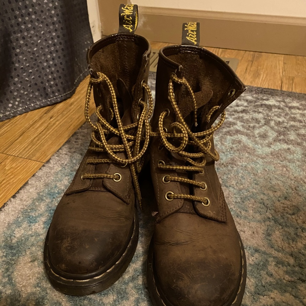 Dr. Martens Brown Leather Combat Boots with Yellow Accents
